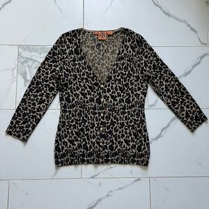Tory Burch Merino Wool V-Neck Leopard Print Cardigan size medium